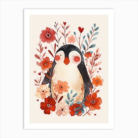 Penguin Red Flowers Heart Valentine's Day Art Print