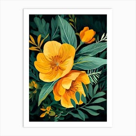 Yellow Flowers On A Black Background Art Print