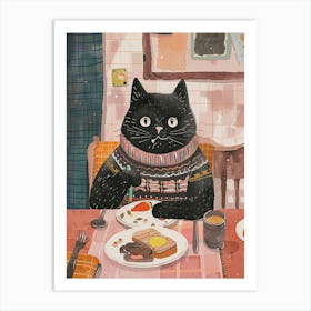 Black Cat Having Breakfast Folk Illustration 3 Art Print