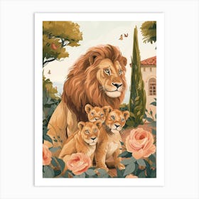 Barbary Lion Family Bonding Illutration 4 Art Print