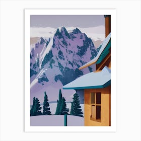 Snowy Snow Capped Mountains Chalet Ski Lodge Art Print