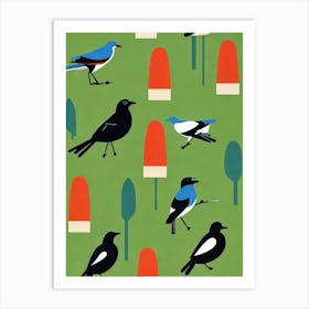 Magpie Pattern Midcentury Illustration Bird Art Print