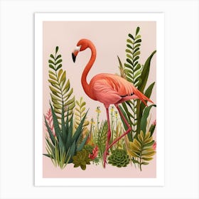 American Flamingo And Bromeliads Minimalist Illustration 3 Art Print