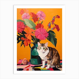 Gerbera Daisy Flower Vase And A Cat, A Painting In The Style Of Matisse 0 Art Print