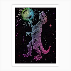 Neon Dinosaur & Disco Ball 1 Art Print