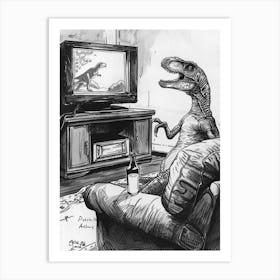 Dinosaur Watching Tv Black Sketch Illustration Art Print
