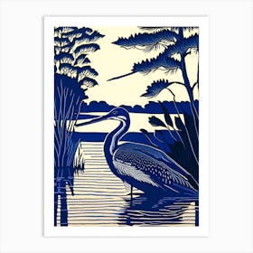 Blue Heron On Lake Vintage Linocut 2 Art Print