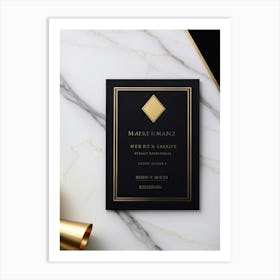 Black Card Engagement Invitation Featuring A Sleek Modern Geometric Design Bathed In A Luxurious G (3) Art Print