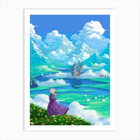 Moving Castle and Mountains Art Print