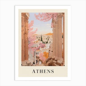Athens Greece 4 Vintage Pink Travel Illustration Poster Art Print