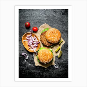 Burgers and tomatoes — Food kitchen poster/blackboard, photo art Art Print