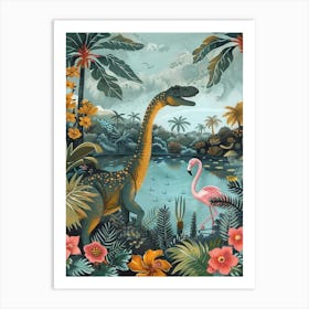 Dinosaur With Flamingo Painting 1 Art Print