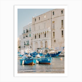Blue Fishing Boats In The Harbor of Monopoli, Puglia in Italy - travel photography Art Print