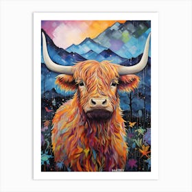 Colourful Patchwork Illustration Of Highland Cow Mountain Background Art Print