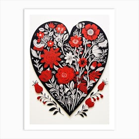 Heart Red & Black Linocut Style White Background 2 Art Print