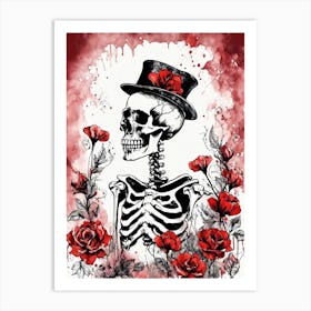 Floral Skeleton With Hat Ink Painting (79) Art Print
