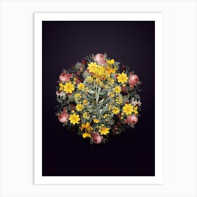 Vintage Yellow Wallflower Bloom Flower Wreath on Royal Purple n.0159 Art Print