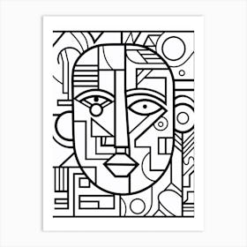 Geometric Face Black & White Line Drawing 2 Art Print