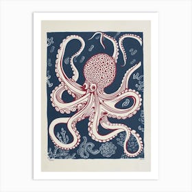 Linocut Inspired Red Octopus With The Coral 3 Art Print