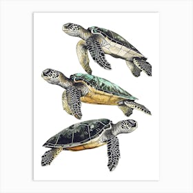 Three Minimalist Vintage Sea Turtles 2 Art Print