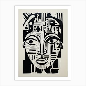 Cyber Geometric Linocut Inspired Face Art Print