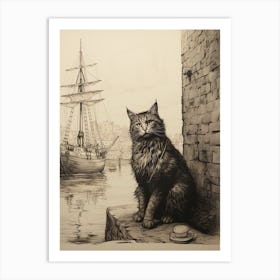 A Curious Cat At The Docks Sepia Etching Art Print