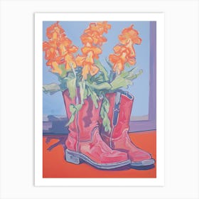 A Painting Of Cowboy Boots With Snapdragon Flowers, Fauvist Style, Still Life 8 Art Print