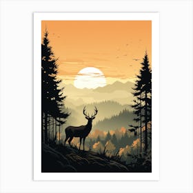 Deer In The Forest At Sunset Art Print