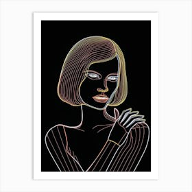 Woman Portrait In Black And White Line Art Neon 1 Art Print