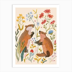 Folksy Floral Animal Drawing Beaver Art Print