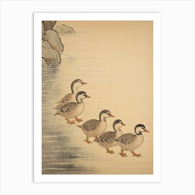 Duckling Family Japanese Woodblock Style 2 Art Print