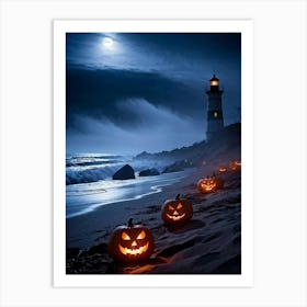 Jack O Lanterns Emanating Ethereal Glow Arrayed On A Shadowy Beach Misty Coastal Backdrop Myster (2) Art Print