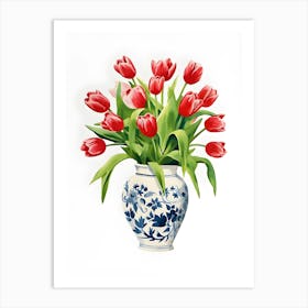 Tulips Tulip Red Bouquet Blue White Vase Floral Art Print