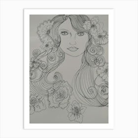 Pen drawing girl with flowers in her hair Art Print