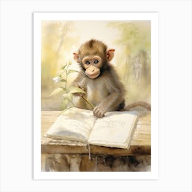 Monkey Painting Doing Calligraphy Watercolour 1 Art Print