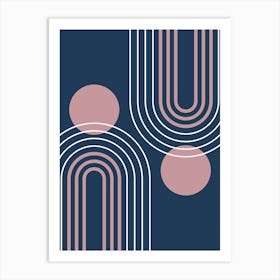 Mid Century Modern Geometric B28 In Navy Blue And Rose Gold (Rainbow And Sun Abstract) 01 Affiche