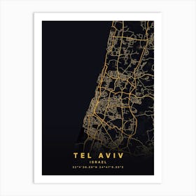 Tel Aviv Israel Black And Gold Map Art Print