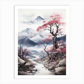 The Japanese Alps In Multiple Prefectures, Japanese Brush Painting, Ukiyo E, Minimal 3 Art Print