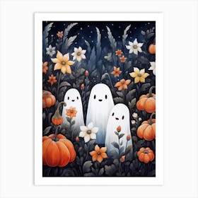 Cute Bedsheet Ghost, Botanical Halloween Watercolour 61 Art Print