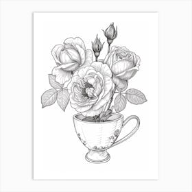 Rose In A Teacup Line Drawing 2 Art Print