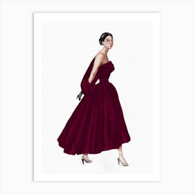 Watercolor painting of a woman in a vintage burgundy dress Art Print