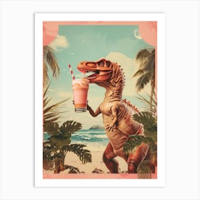 Dinosaur Drinking A Milkshake Retro Collage 1 Art Print