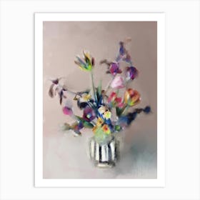 LES FLEURS- bouquet of flowers on pastel pink and blue, lilies, tulips, roses, stripes, Plants Wall Art Art Print