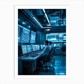 Cyber Industrial Automation Control Room With Sleek Ergonomic Workstations Translucent Holographic (2) Art Print