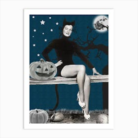 Young Pinup Cat Girl Sitting On A Fence With Pumpkin Art Print