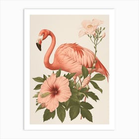 American Flamingo And Hibiscus Minimalist Illustration 1 Art Print