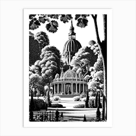 Parque Del Retiro, Spain Linocut Black And White Vintage Art Print