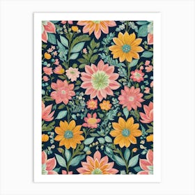 Painted Summer Flowers Boho Pattern - Navy Background Pink Bohemian Wallpaper Art Like Amy Butler and William Morris Fabric Print For Lunar Pagan Gallery Feature Wall Floral Yellow Turquoise Botanical Luna Lover HD Art Print