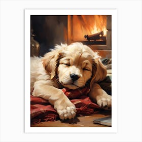 Sleeping Puppy By The Fireplace Art Print