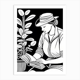 Lino cut Inspired black and white Reading In the Garden Art, Garden Girl Art, Gardening reading, 257 Art Print